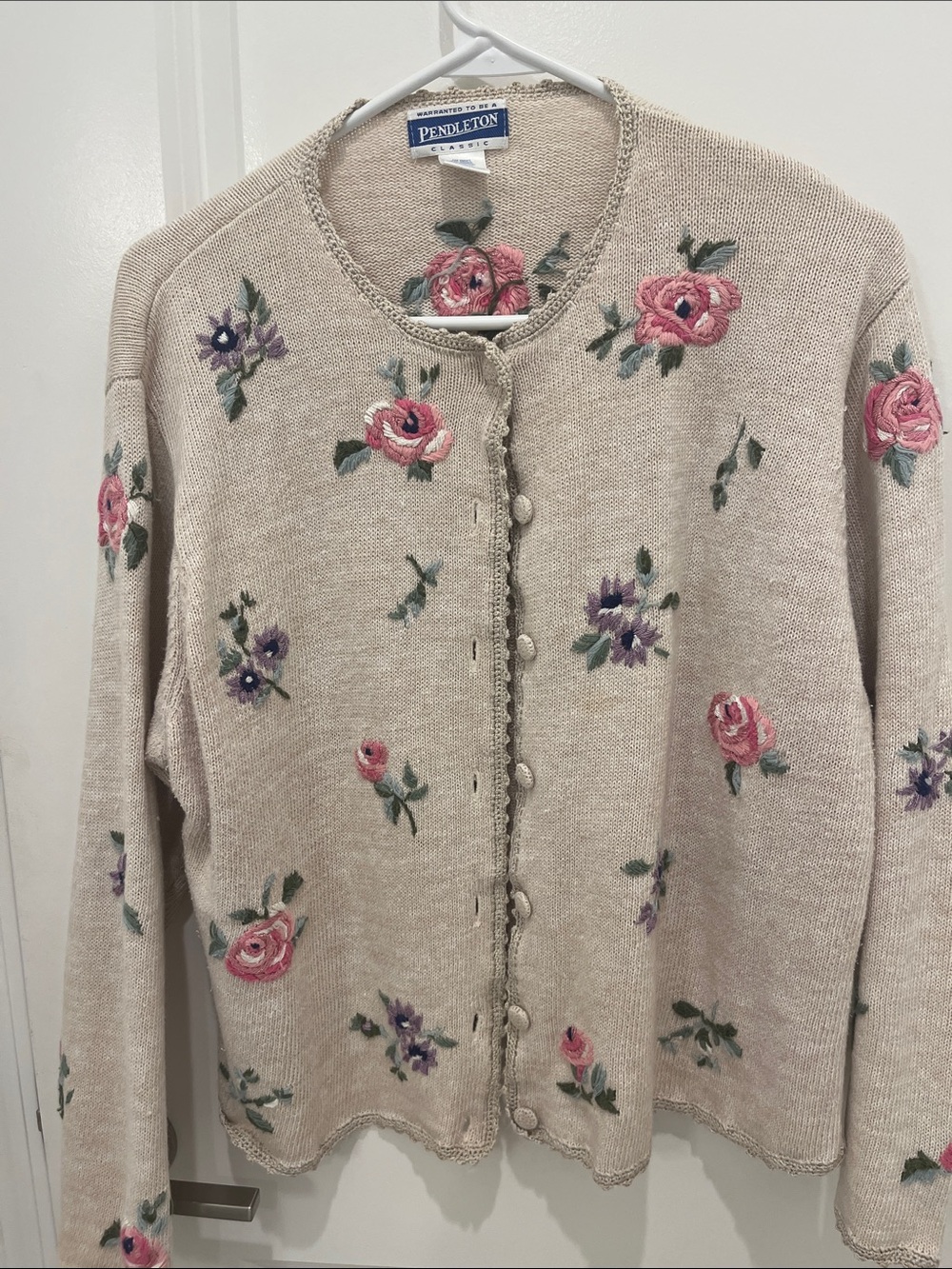 Pendleton Beige Floral Knit Cardigan with Pink, Green & Purple Embroidery